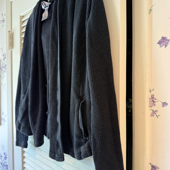 Hard Tail Washed Black Waffle Print Long Sleeve Hooded Open Top with Pockets M - Picture 2 of 9